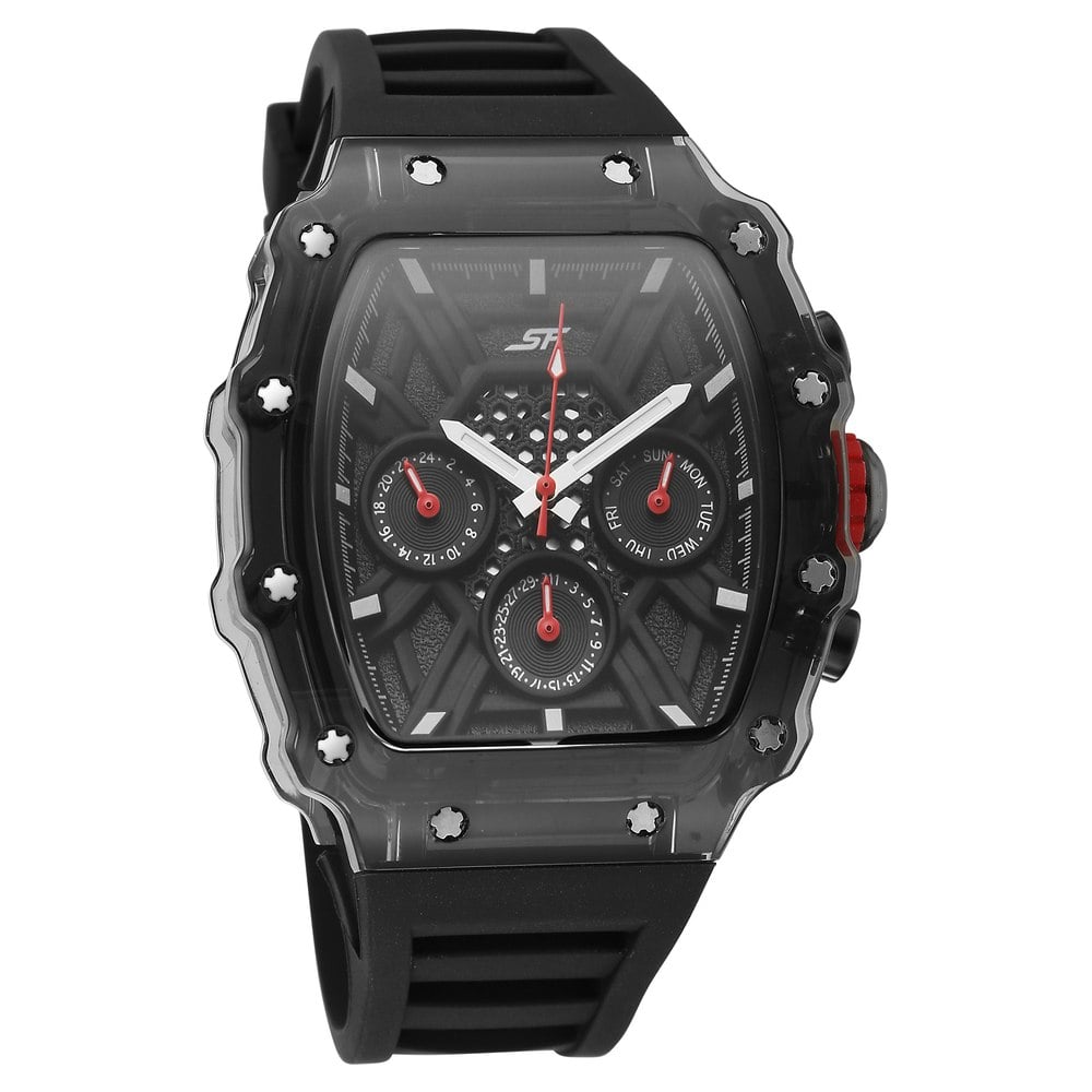 [77178pp04w] SF Maiden Voyage Sport Watch Black dial And Strap wih red accents Tonneau Shaped Case with Multifunction movement