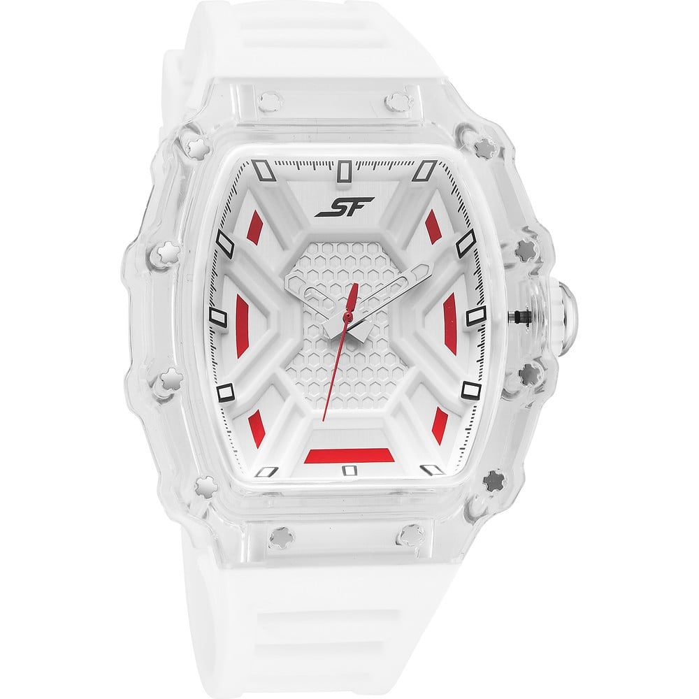 SF Maiden Voyage Sport Watch White Dial And Strap with red accents Tonneau Shaped Case