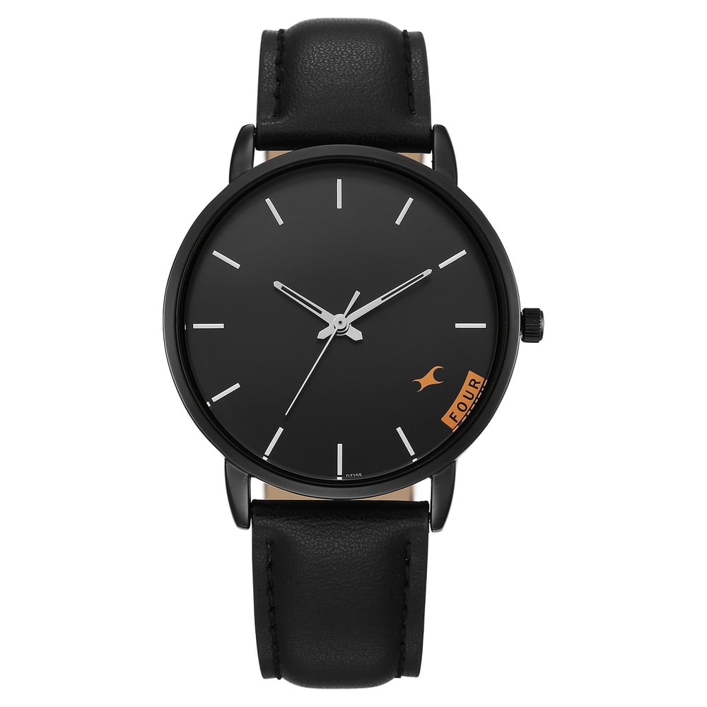 [38159NL03] Fastrack Stunners Quartz Analog Black Dial Black Leather Strap Watch For Guys