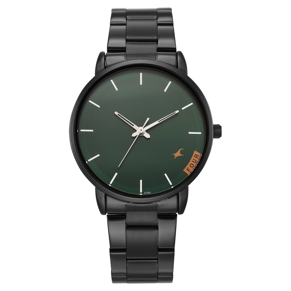 [38159NM01] Fastrack Stunners Quartz Analog Green Dial Silver Stainless Steel Strap Watch For Guys