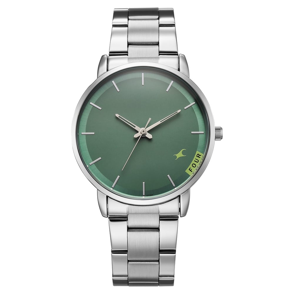 [38159sm05] Fastrack Stunners Quartz Analog Green Dial Silver Stainless Steel Strap Watch For Guys