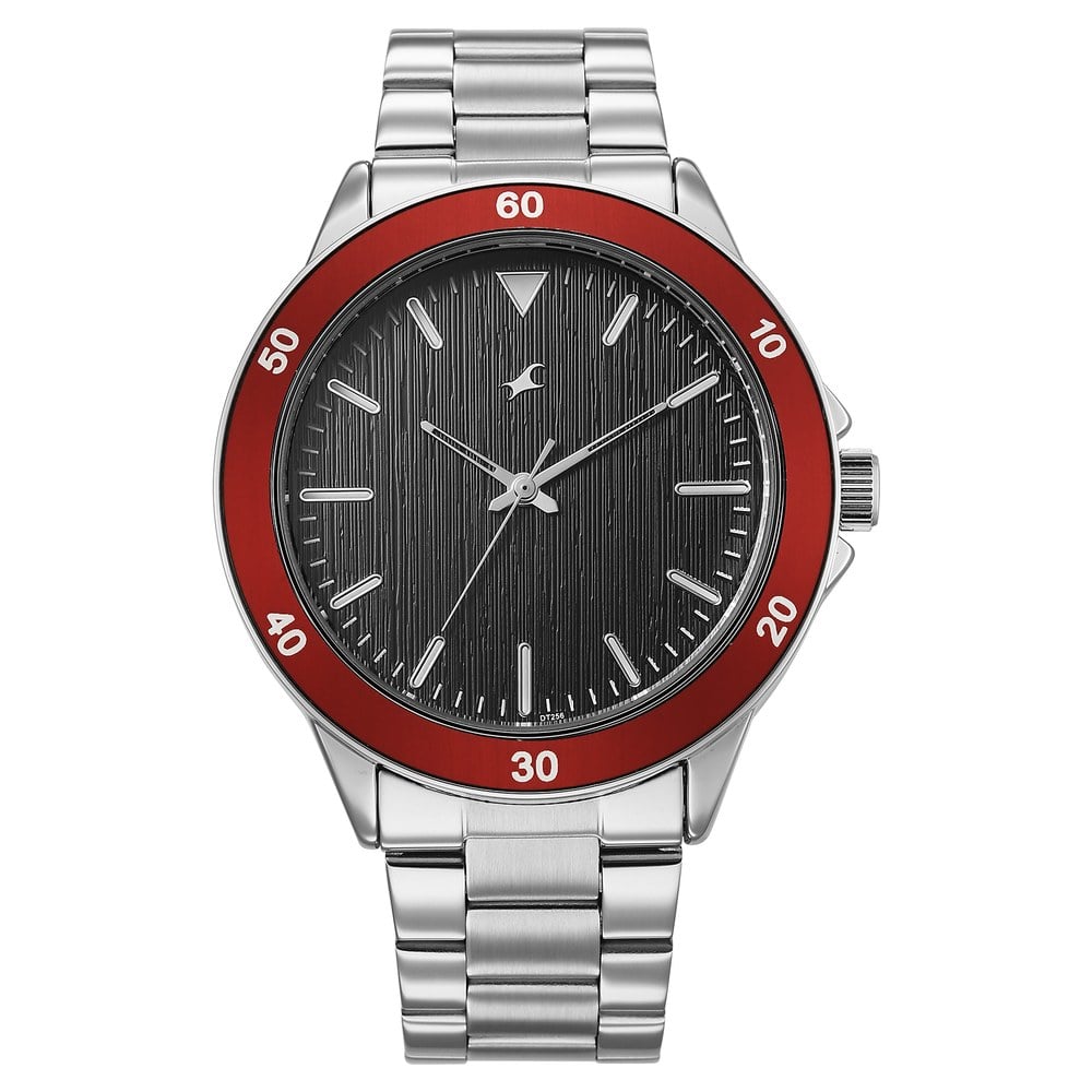 [38160KM01] Fastrack Stunners Quartz Analog Black Dial Black Stainless Steel Strap Watch For Guys