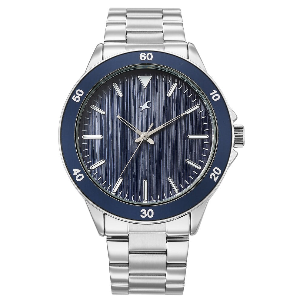 [38160KM03] Fastrack Stunners Quartz Analog Blue Dial Black Stainless Steel Strap Watch For Guys