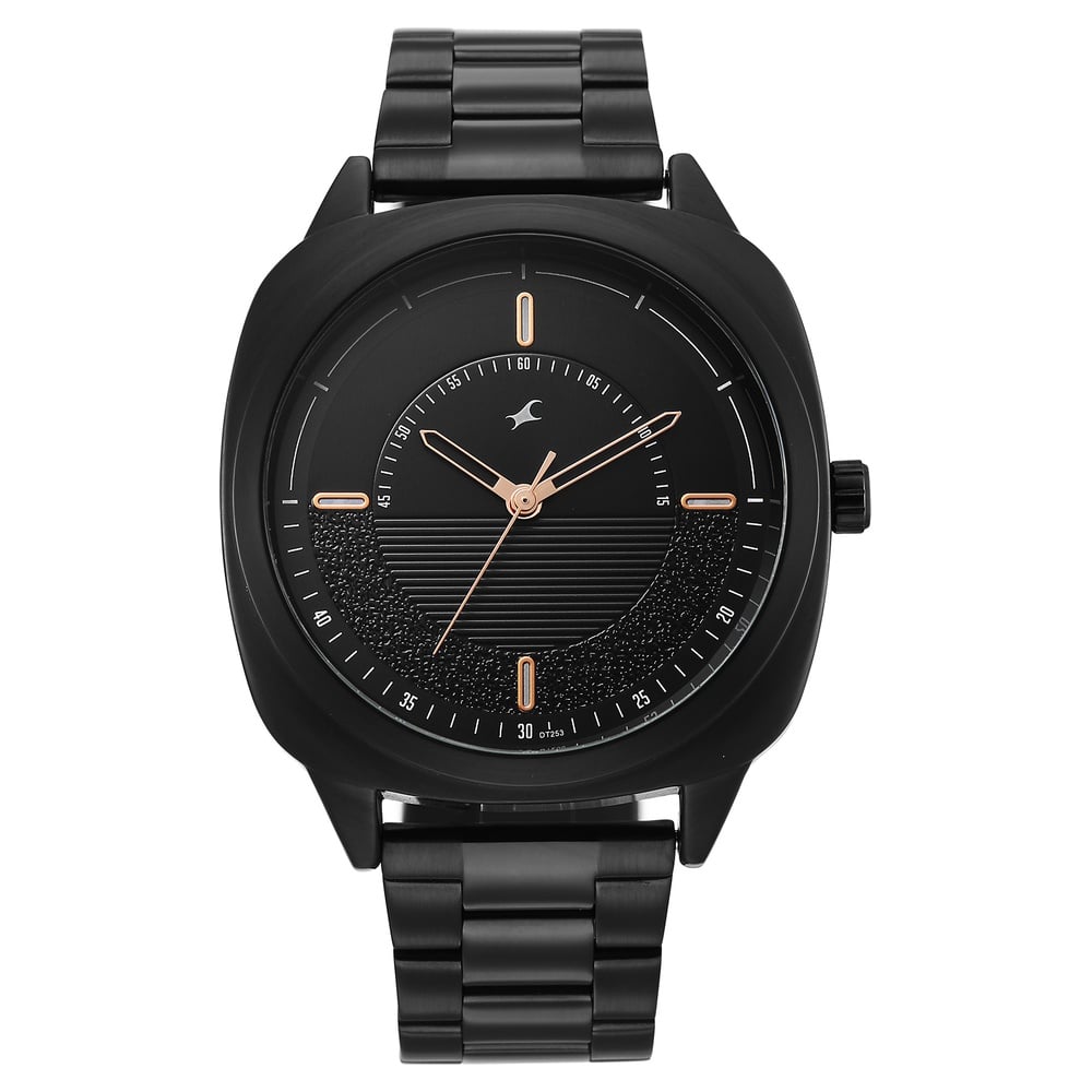 Fastrack Stunners Quartz Analog Black Dial Black Stainless Steel Strap Watch For Guys
