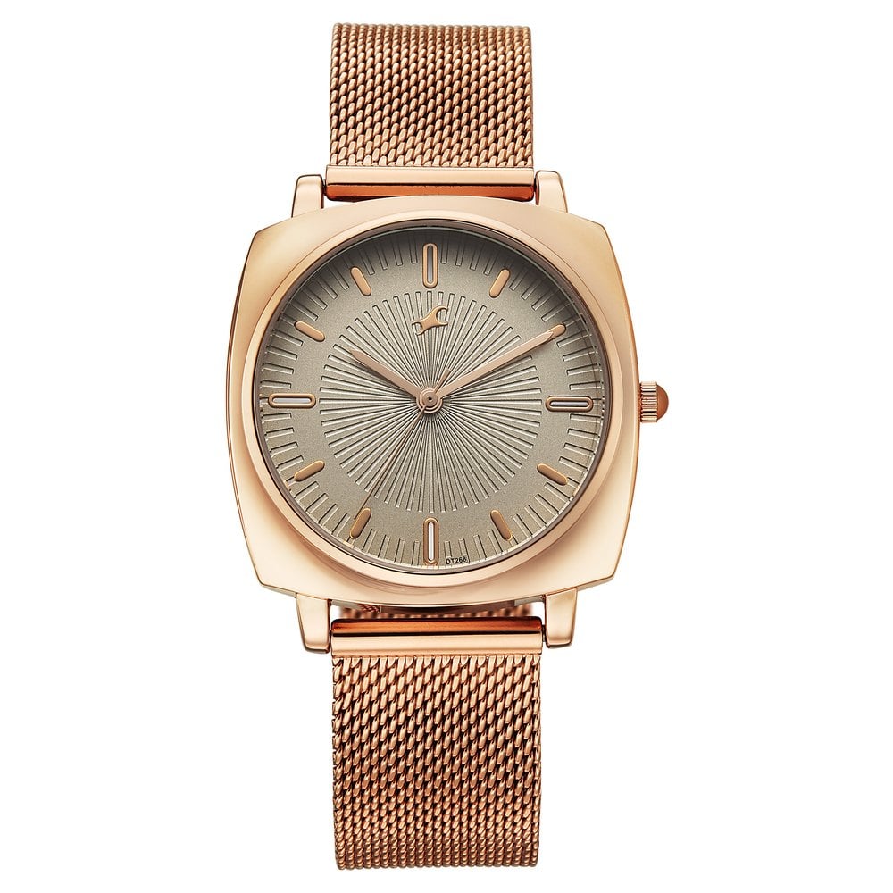 [68043WM03] Fastrack Stunners Quartz Analog Green Dial Rose Gold Stainless Steel Strap Watch For Girls