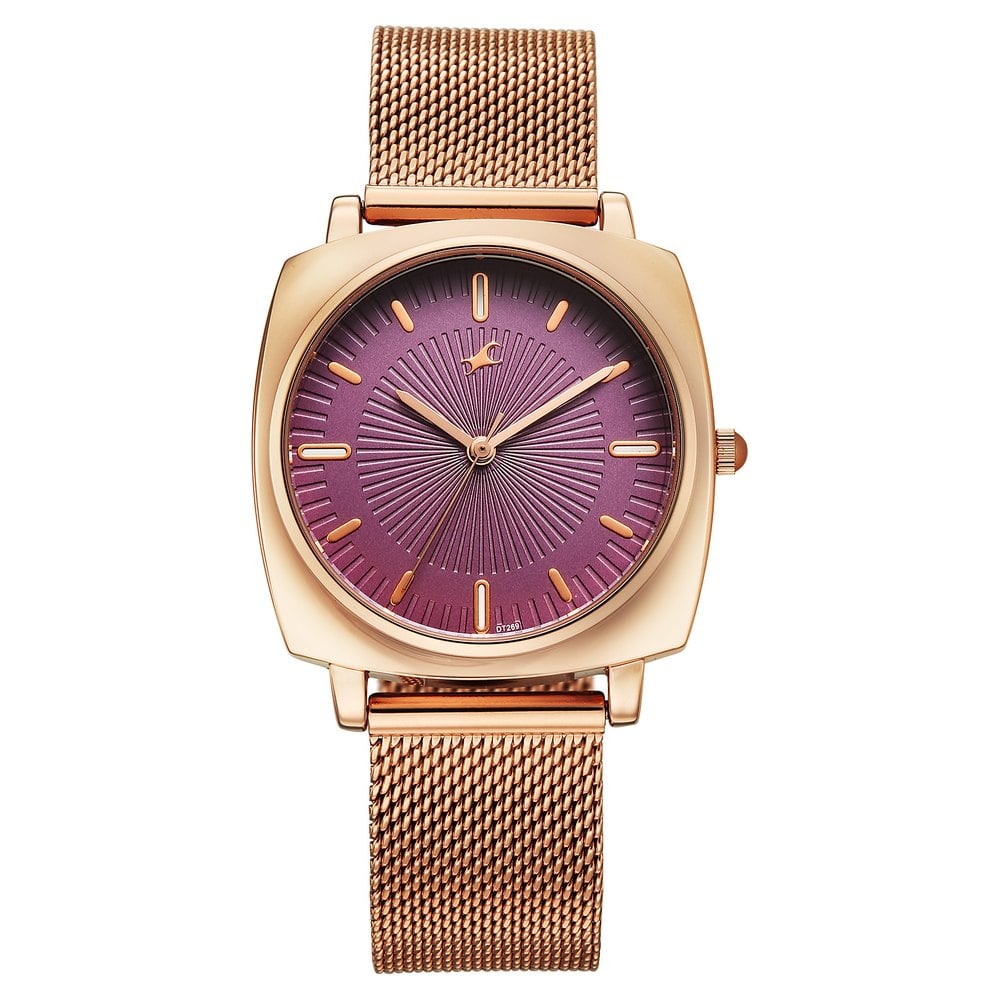 Fastrack Stunners Quartz Analog Purple Dial Rose Gold Stainless Steel Strap Watch For Girls