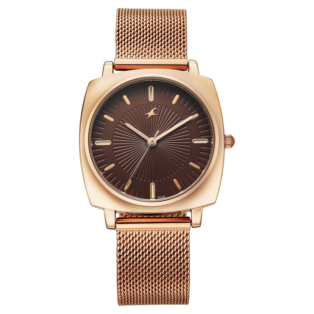 Fastrack Stunners Quartz Analog Brown Dial Rose Gold Stainless Steel Strap Watch For Girls