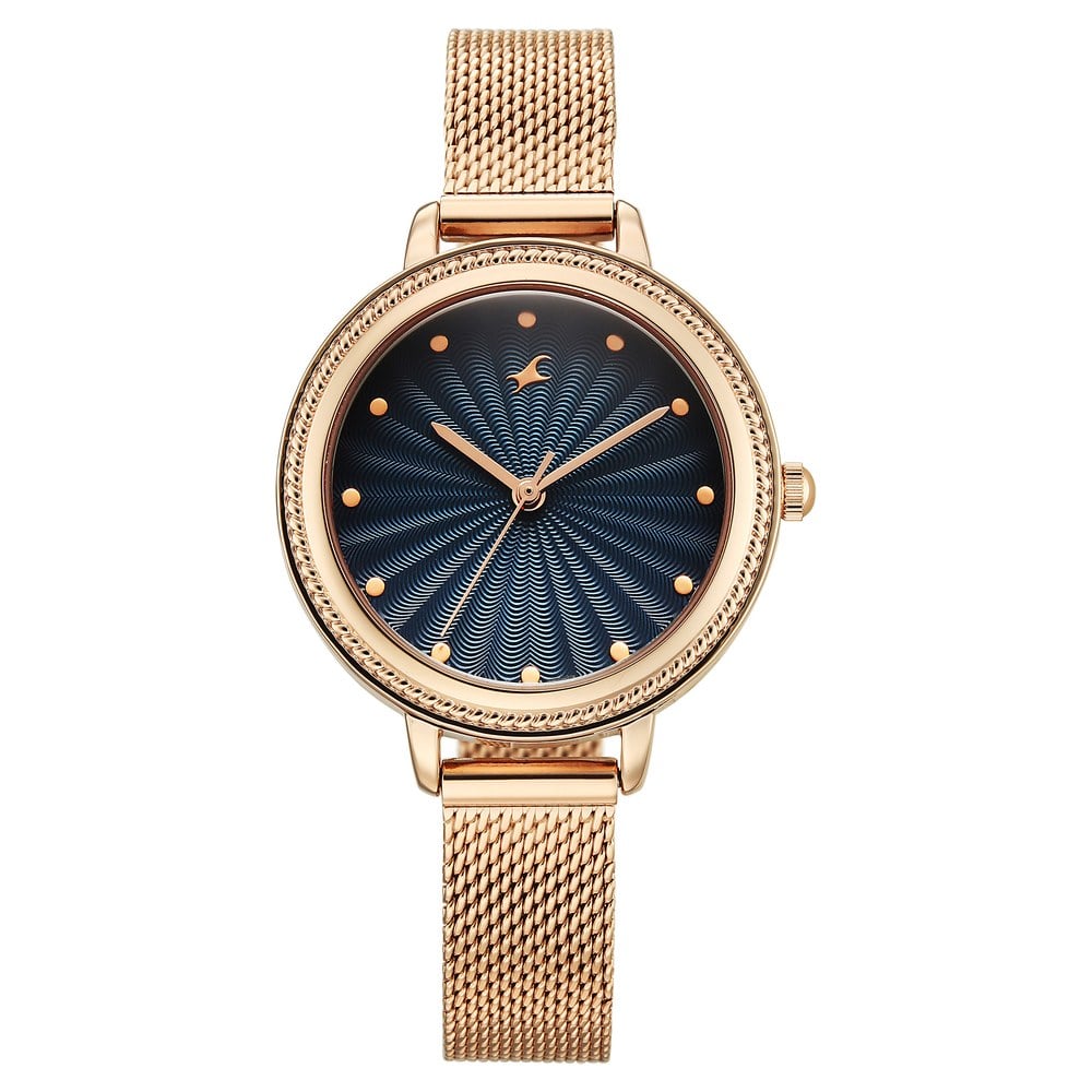 [68048wm03] Fastrack Stunners Quartz Analog Blue Dial Rose Gold Stainless Steel Strap Watch For Girls