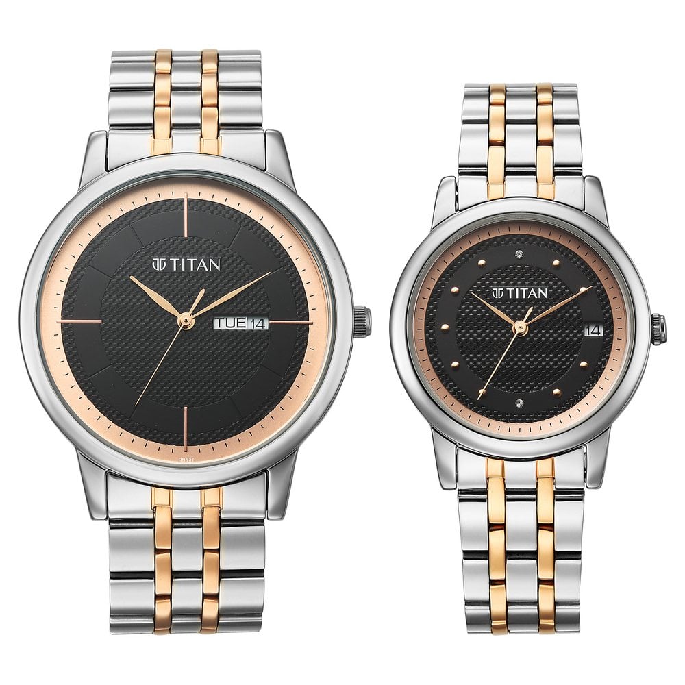 [19672967KM01] Titan Bandhan Eternal Pair Analog with Date and Black Dial Dual Tone Stainless Steel Strap Watch for Couples