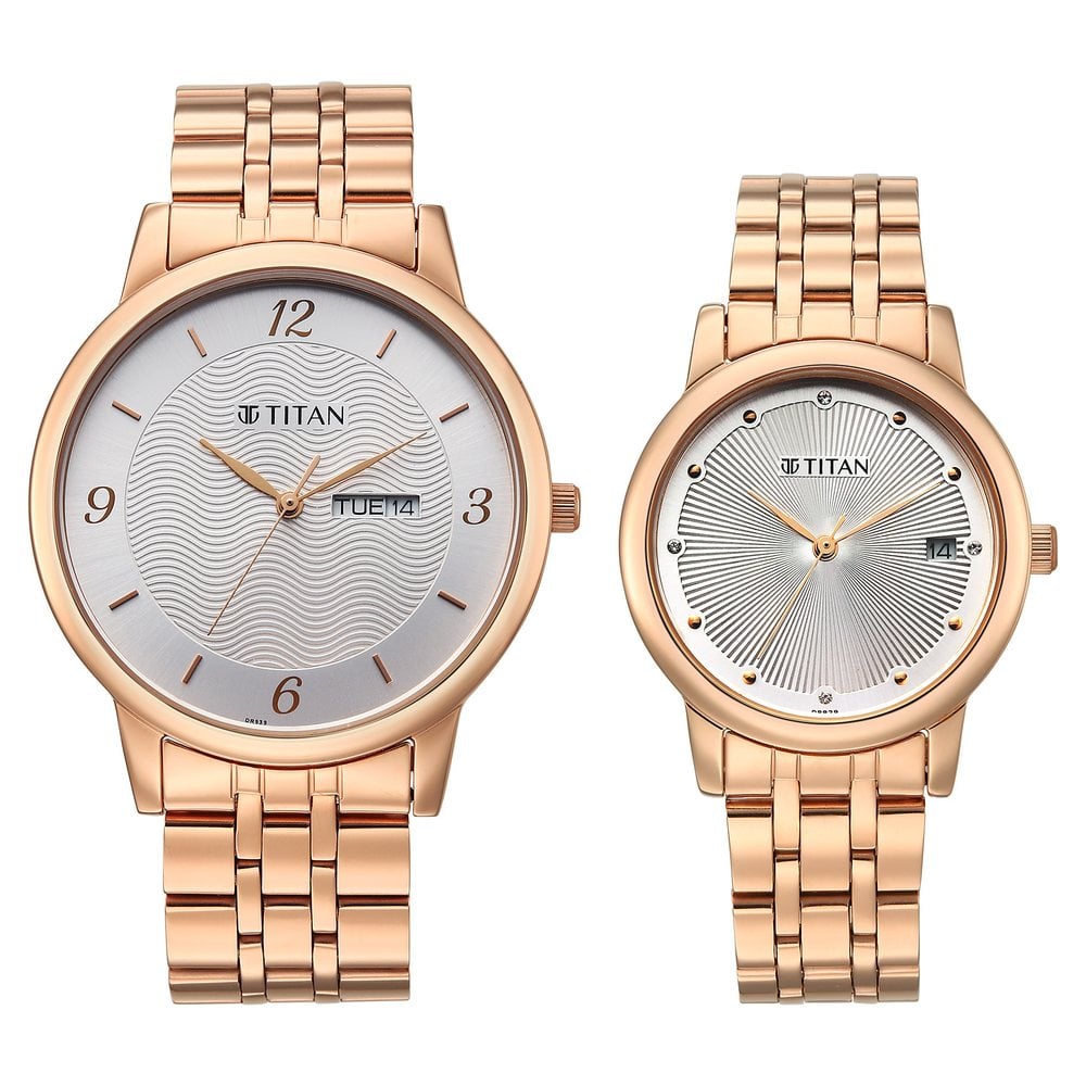 [19672967WM01] Titan Bandhan Eternal Pair Analog with Date and Silver Dial Rose Gold Stainless Steel Strap Watch for Couples