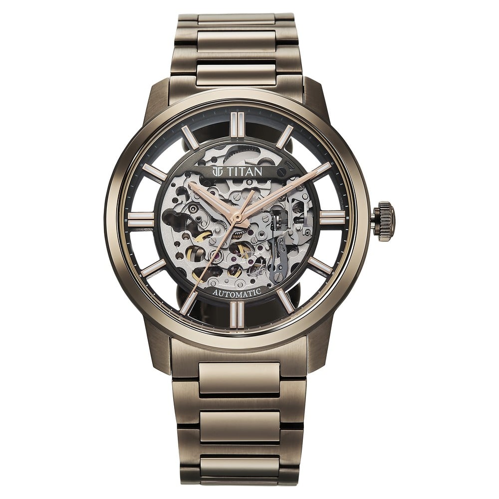 [90220qm01] Titan See-Through Skeletal Automatic Analog with Black Dial Copper Brown Stainless Steel Strap Watch for Men
