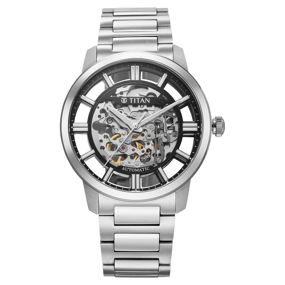[90220sm01] Titan See-Through Skeletal Automatic Analog with Black Dial Silver Stainless Steel Strap Watch for Men