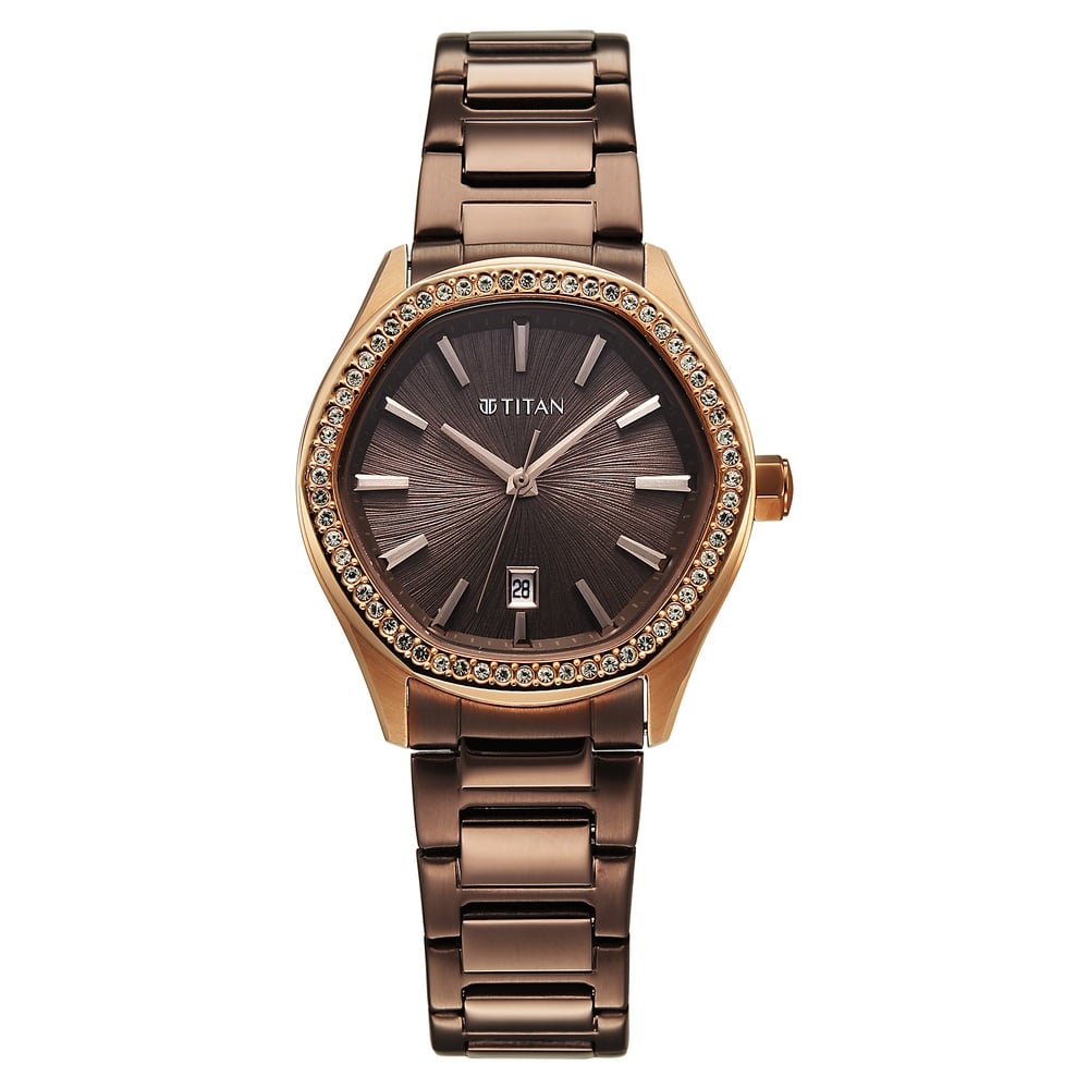 [95326km02] Titan Glamour Quartz Analog with Date Brown Dial Brown Stainless Steel Strap Watch For Women