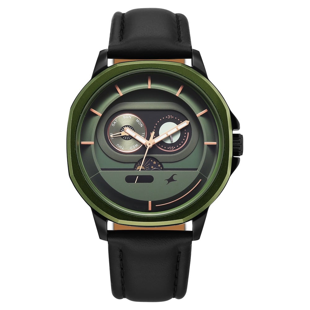 [3303KL01] Fastrack Street Opulence Quartz Sun Moon Multifunction Green Dial Black Leather Strap Watch For Guys