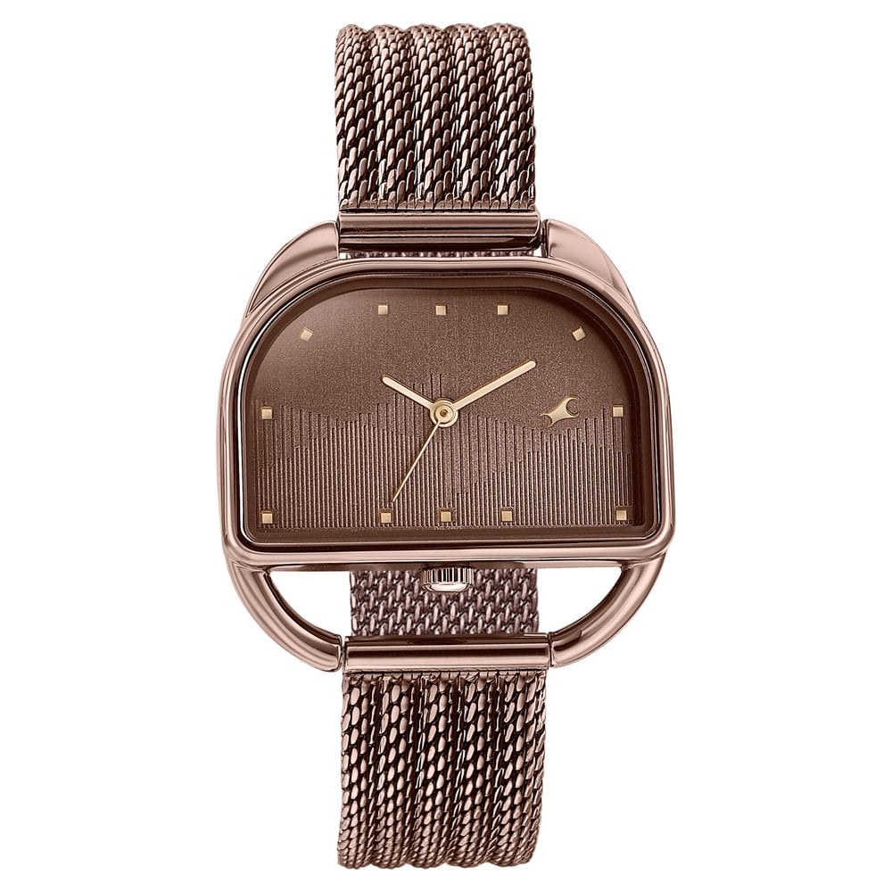 [6307qm01] Fastrack Style Up Quartz Analog Brown Dial Brown Stainless Steel Strap Watch For Girls