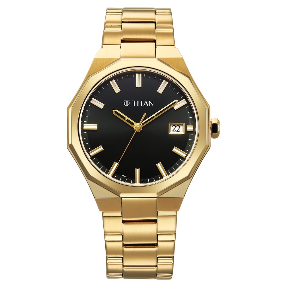 [90212ym01] Titan Regalia Dodecagon Quartz Analog with Date Black Dial Golden Stainless Steel Strap Watch For Men