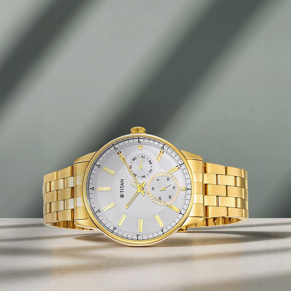 [9441YM01] Titan Quartz Analog White Dial Stainless Steel Strap Watch for Men