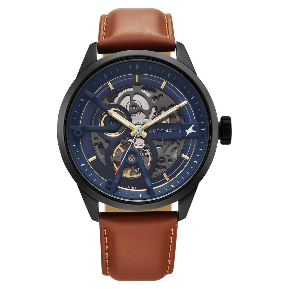 [3318NL01] Fastrack Automatics Blue Dial Tan Leather Strap Automatic Watch ForGuys