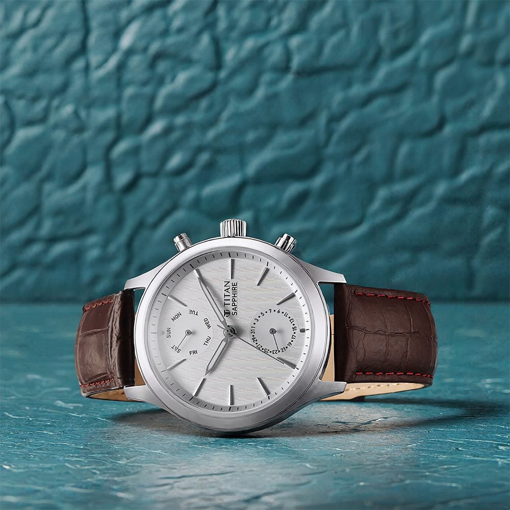 [1874sl03] Titan Sapphire Multifunction Quartz Analog with Day and Date White Dial Leather Strap Watch for Men