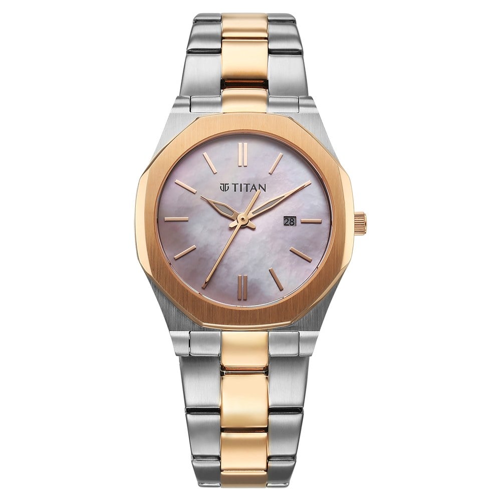 [95295km01] Titan Workday Wonders Quartz Analog with Date Pink Mother Of Pearl Dial Stainless Steel Strap Watch For Women