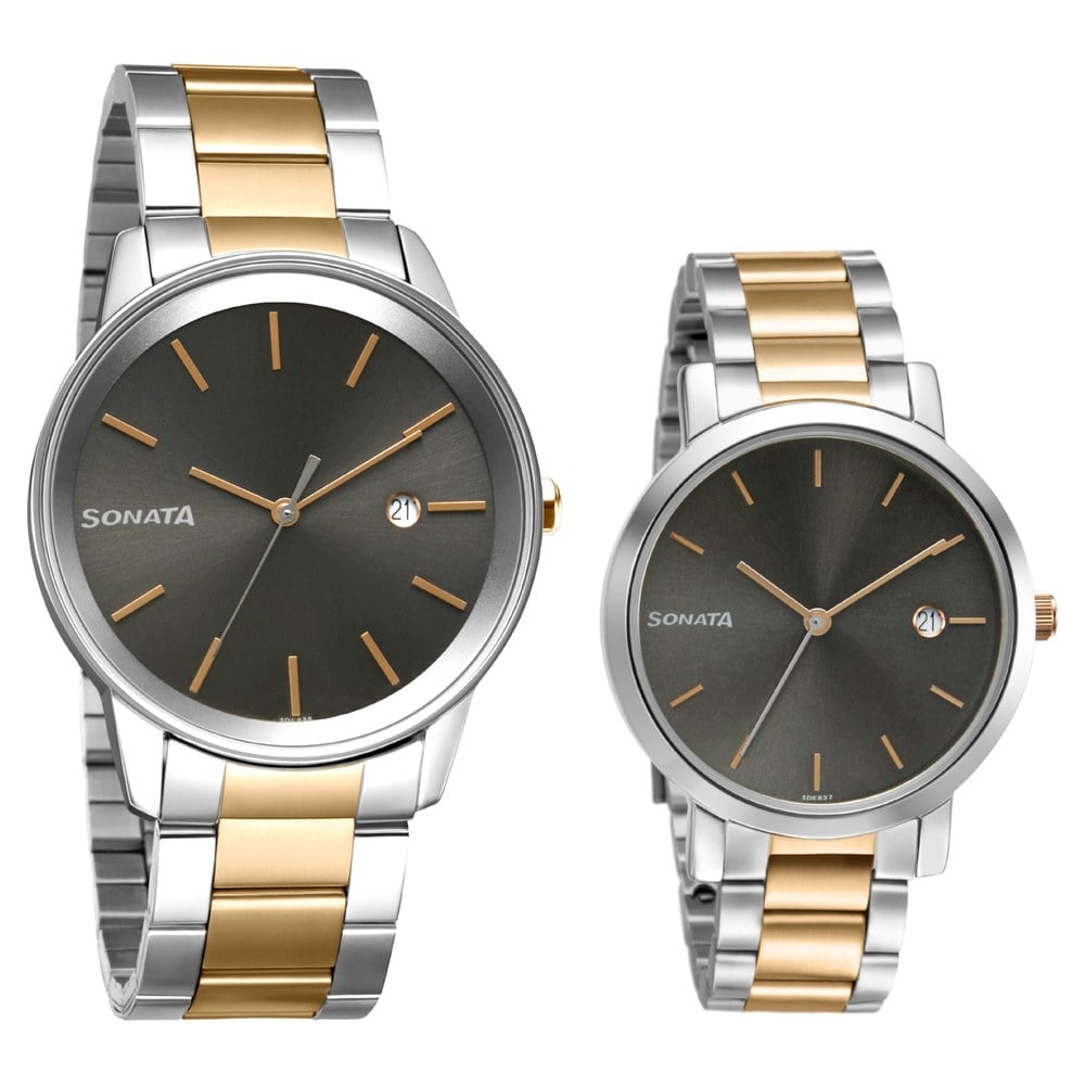 [71338164km01] Sonata Quartz Analog with Date Black Dial Metal Strap Watch for Couple