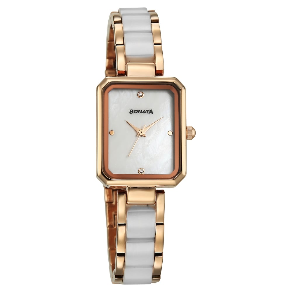 [87116kd01] Sonata Festive Quartz Analog White Dial Metal & Plastic Strap Watch For Women