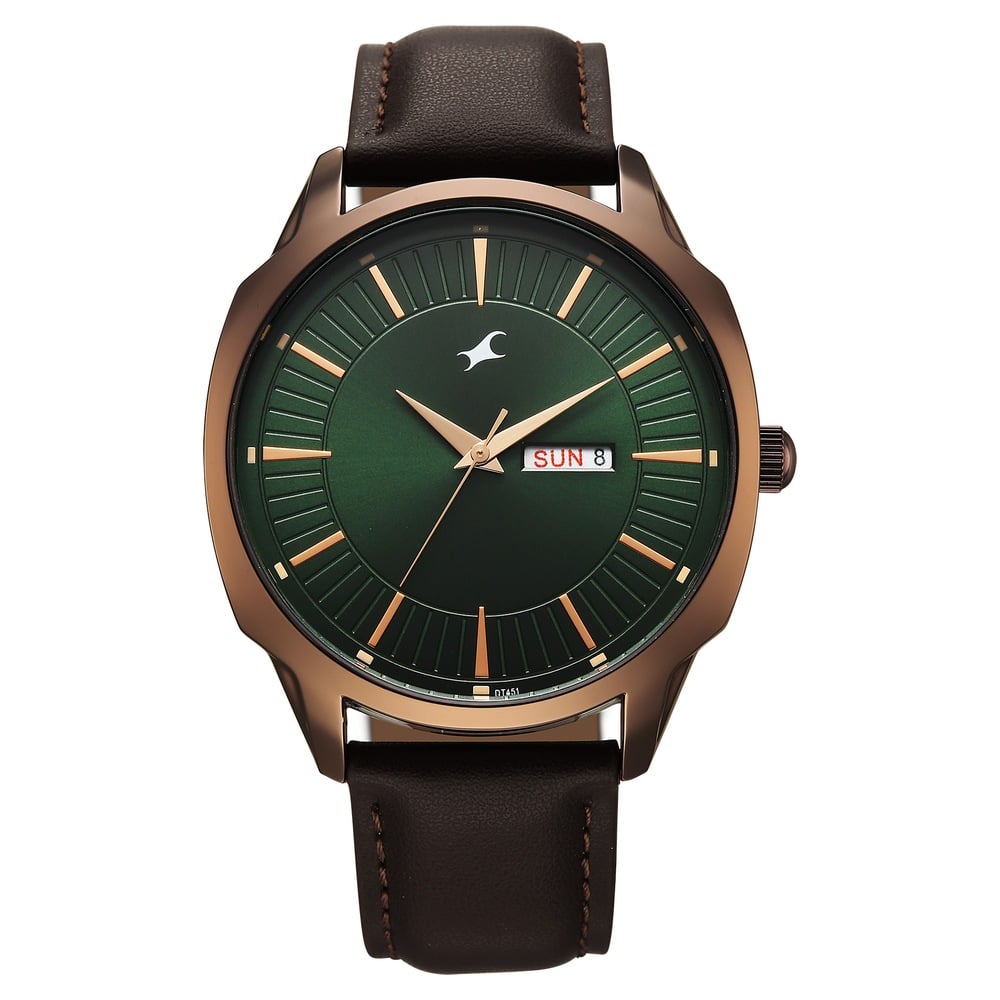 [38213ql01] Fastrack Stunners Quartz Analog Green Dial Brown Leather Strap Watch For Guys