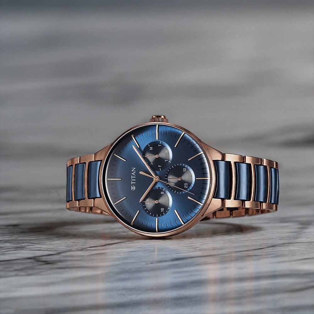 [90148KD04] Titan Ceramic Fusion Quartz Multifunction Blue Dial With Two Toned Color Stainless Steel Strap Watch For Men
