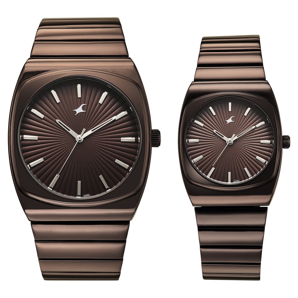 Fastrack Mixmatched Quartz Analog Multicoloured Dial Two Toned Stainless Steel Strap Watch For Couple