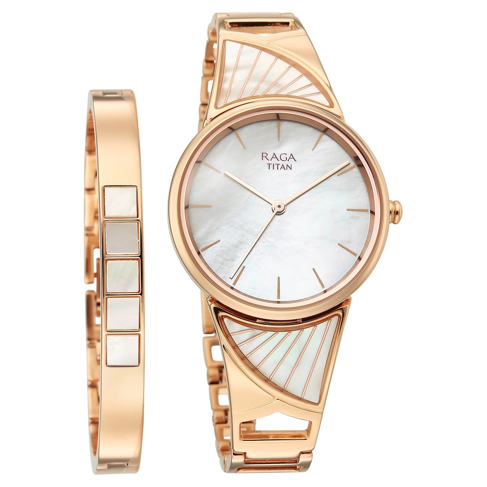 [2810WM01F] Titan Raga Power Pearls Quartz Analog Mother of Pearl Dial Rose Gold Metal Strap Watch For Women