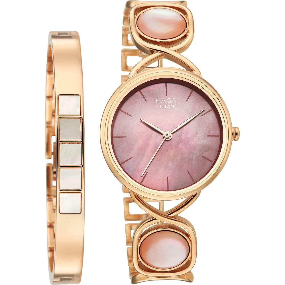Titan Raga Power Pearls Quartz Analog Mother of Pearl Dial Rose Gold Metal Strap Watch For Women