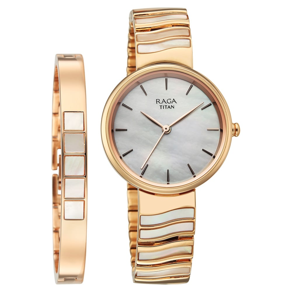 Titan Raga Power Pearls Quartz Analog Mother of Pearl Dial Rose Gold Metal Strap Watch For Women