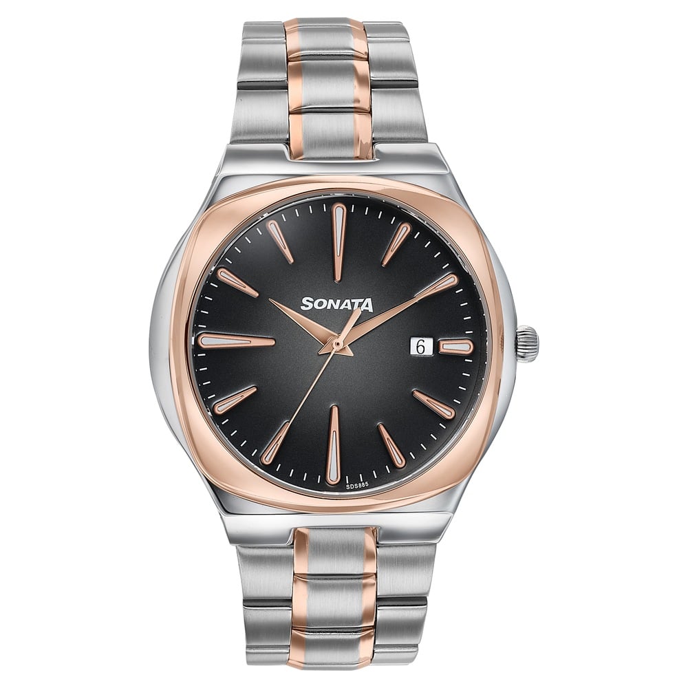 [77194km01] Sonata Festive Quartz Analog Black Dial Two Toned Metal Strap Watch For Men