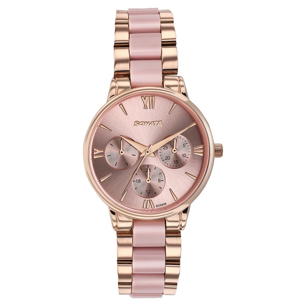 [87107kd02] Sonata Festive Quartz Multifunction Pink Dial Two Toned Acetate And Metal Strap Watch For Women