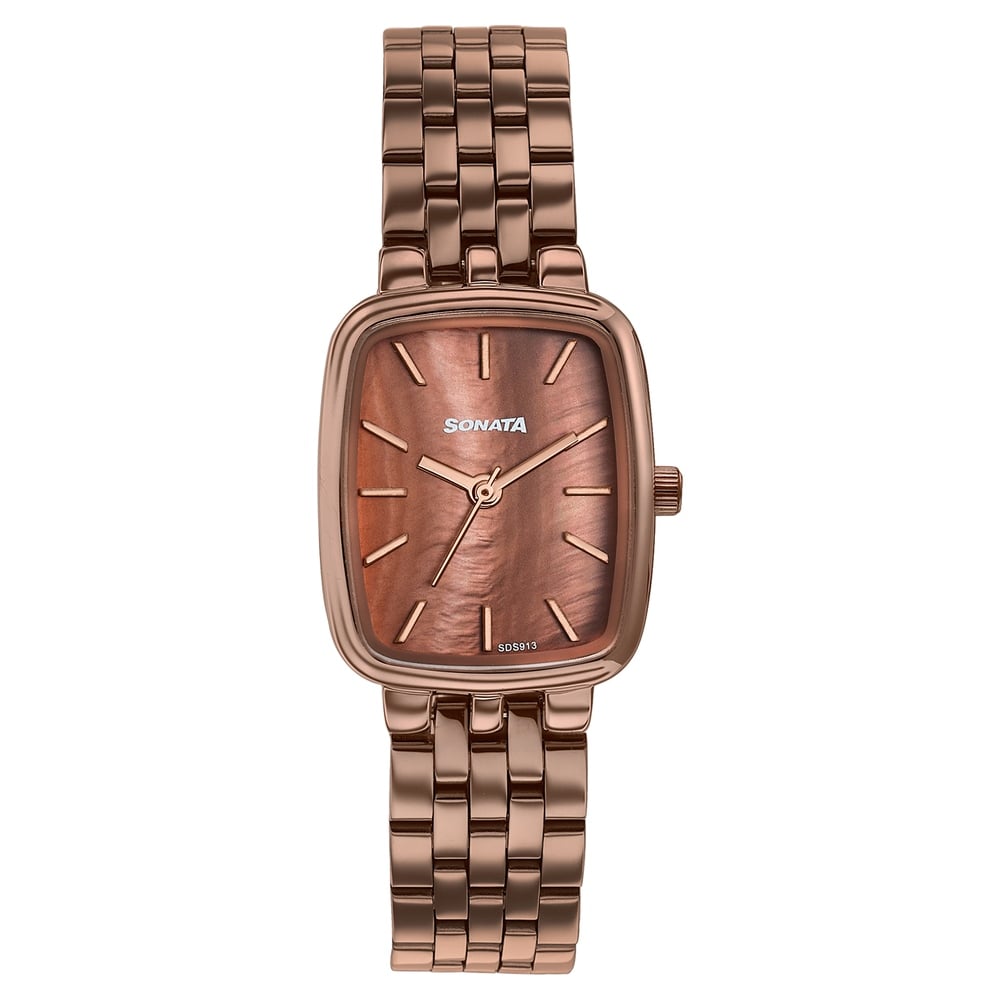 [87108qm01] Sonata Festive Quartz Analog Brown Dial Brown Metal Strap Watch For Women