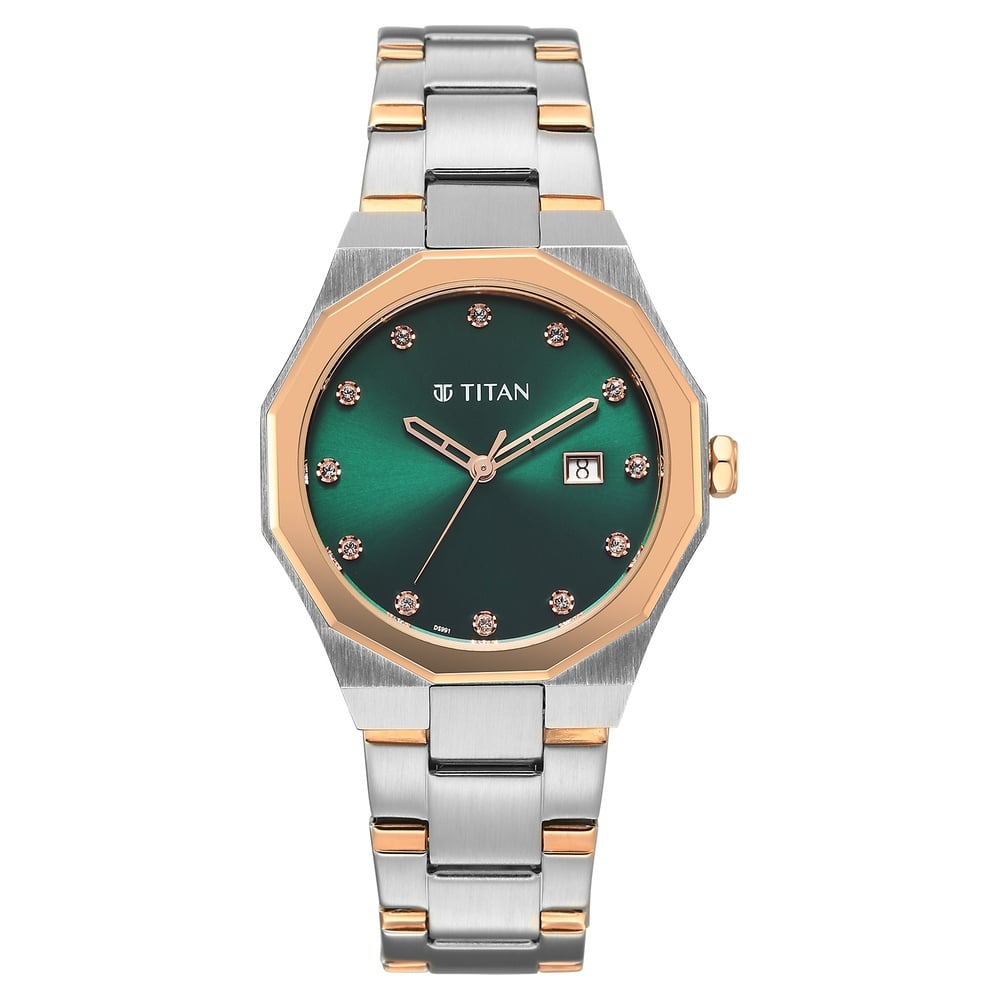[95376km01] Titan  Purple Time Deluxe Quartz Analog Green Dial Two Toned Metal Strap Watch For Women