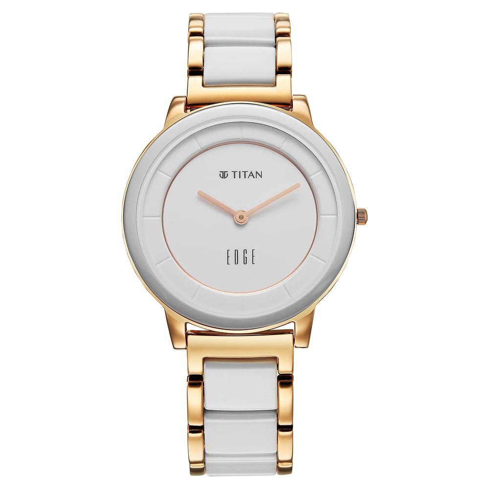 [2777KD03] Titan Edge Melange Quartz Analog White Dial Pink Steel & Ceramic Strap Watch For Women