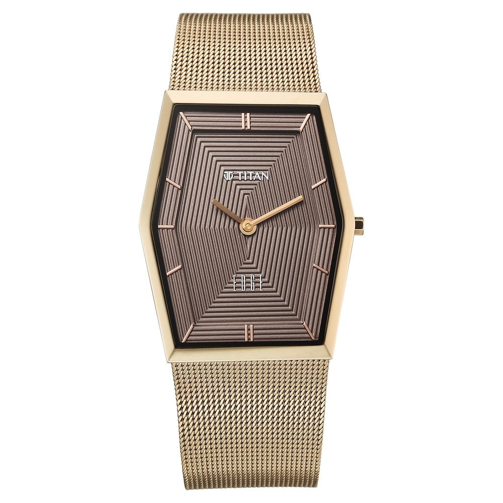 [2785QM01] Titan Edge Whimsey Quartz Analog Brown Dial Golden Stainless Steel Strap Watch For Women