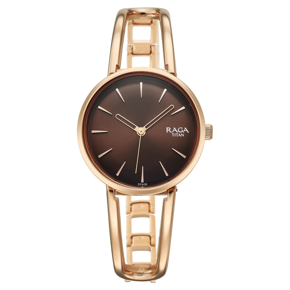 [2746wm01] Titan Raga Afterglow Quartz Analog Brown Dial Rose Gold Metal Strap Watch For Women