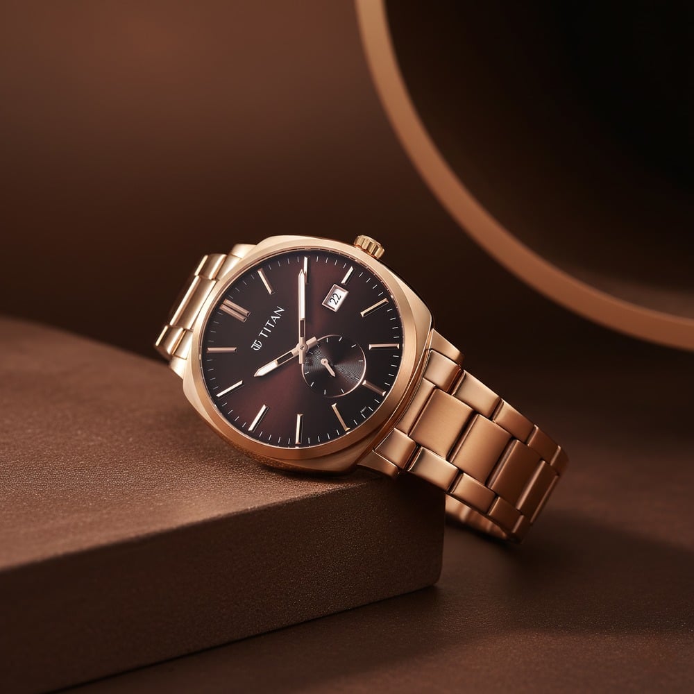 [90189WM01] Titan Classique Suave Analog with Brown Dial Rose Gold Stainless Steel Strap Watch for Men