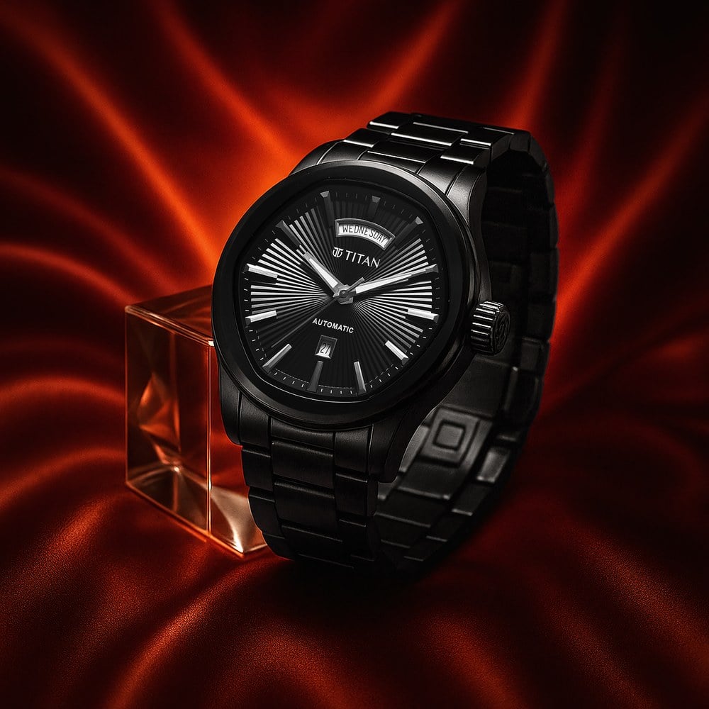 [90209NM01] Titan Astral Concealed Automatic Analog with Black Dial Black Stainless Steel Strap Watch for Men
