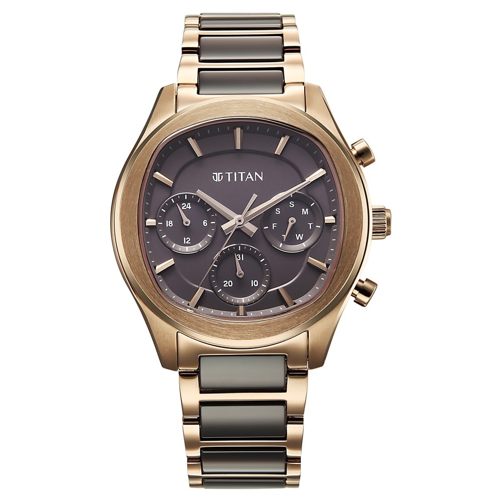 [90216kd02] Titan Classique Ceramic Fusion Men's Multi-Function Watch with Glossy Steel Case & Mineral Crystal