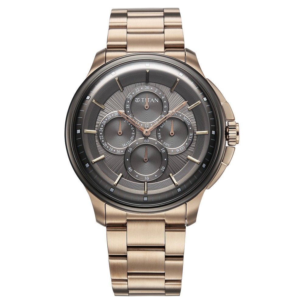 [90217KM02] Titan Classique Four Eye Multifunction Analog with Anthracite Dial Carnation Gold Stainless Steel Strap Watch for Men