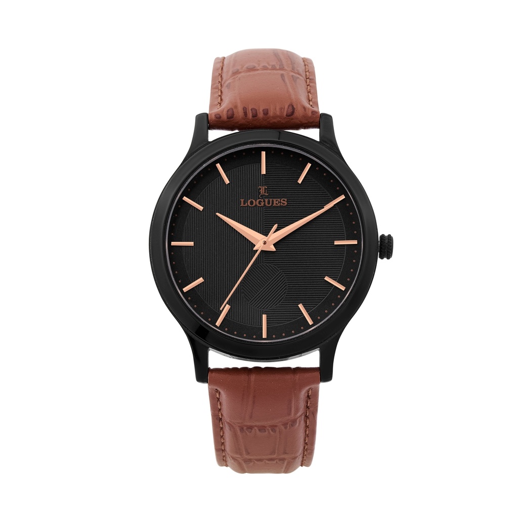 [G4193NL-14] Logues Quartz Analogue Black Dial Tan Leather Strap Watch For Men