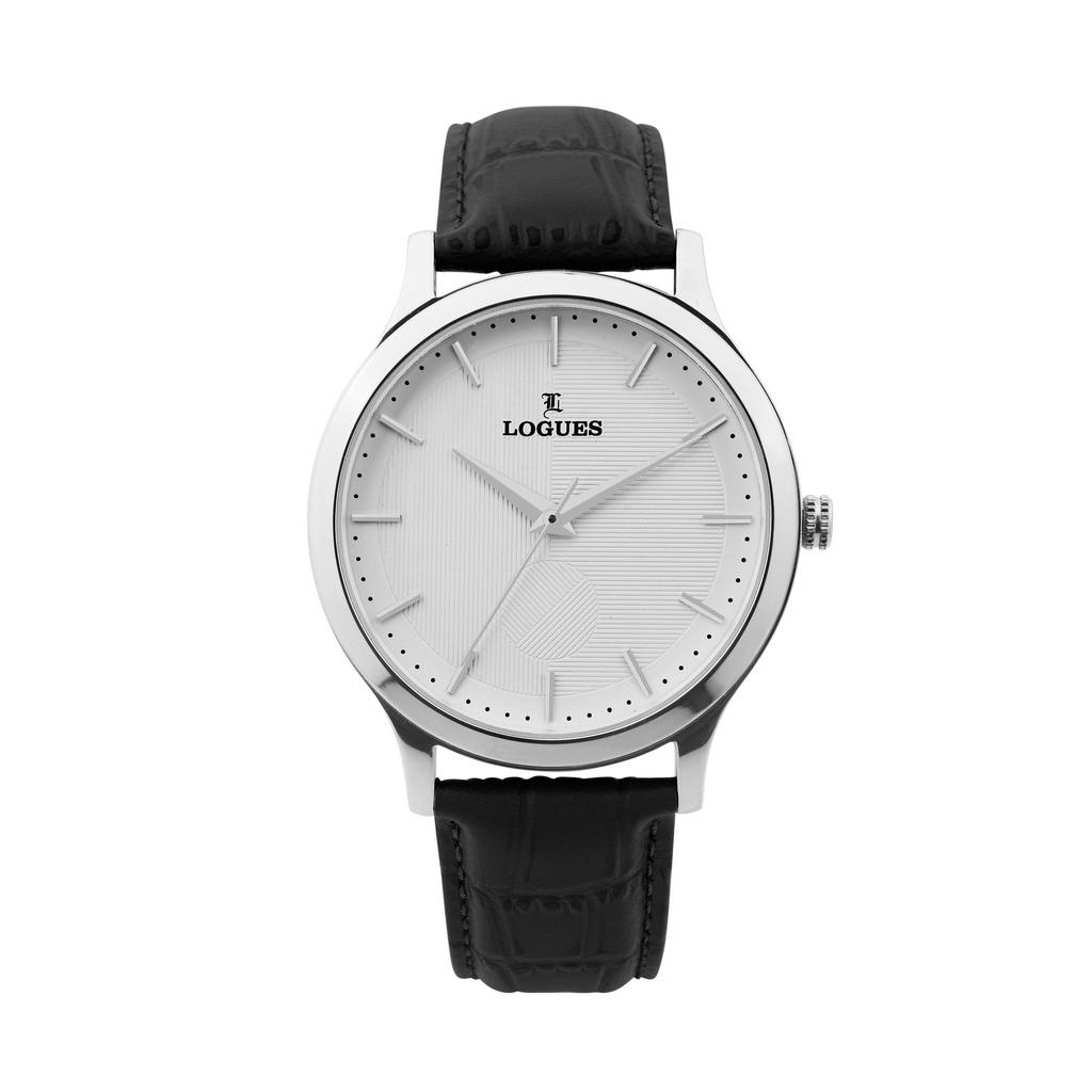 [G4193SL-21] Logues Quartz Analogue Silver Dial Black Leather Strap Watch For Men