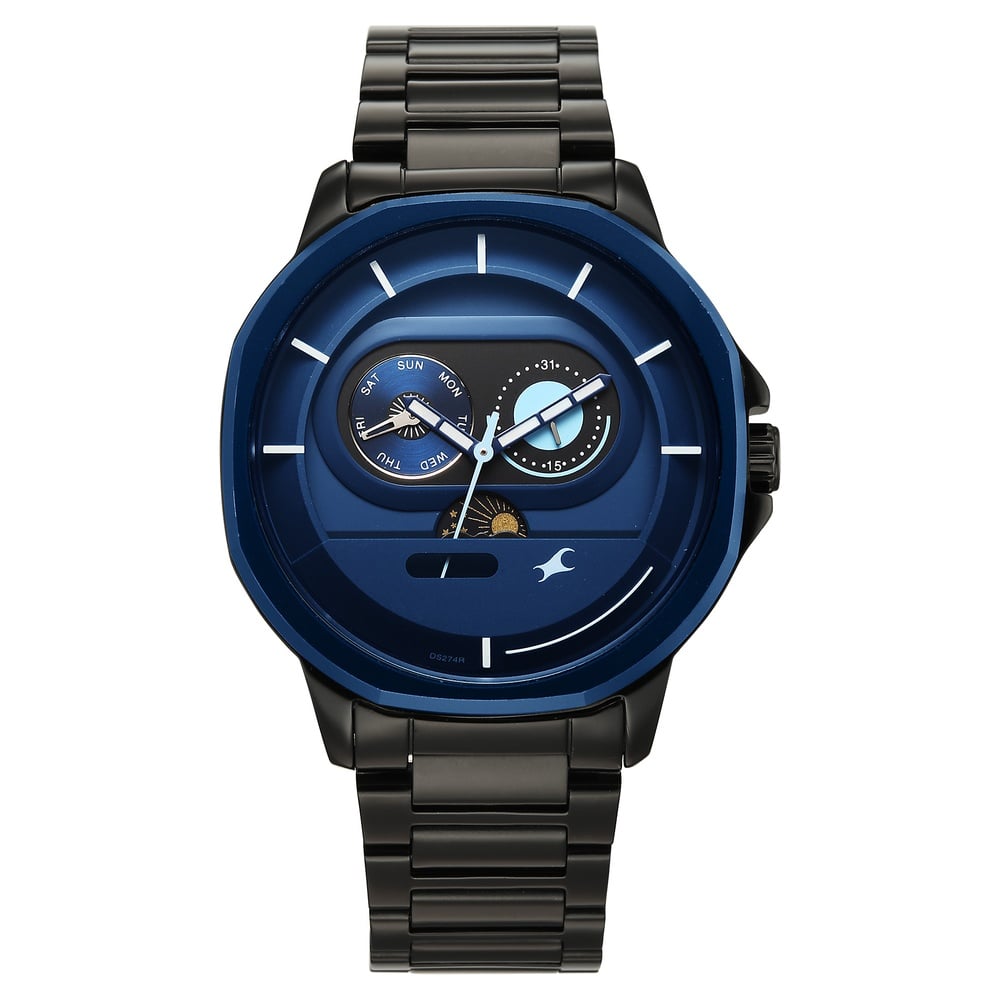 Fastrack Street Opulence Quartz Sun Moon Multifunction Blue Dial Black Stainless Steel Strap Watch For Guys