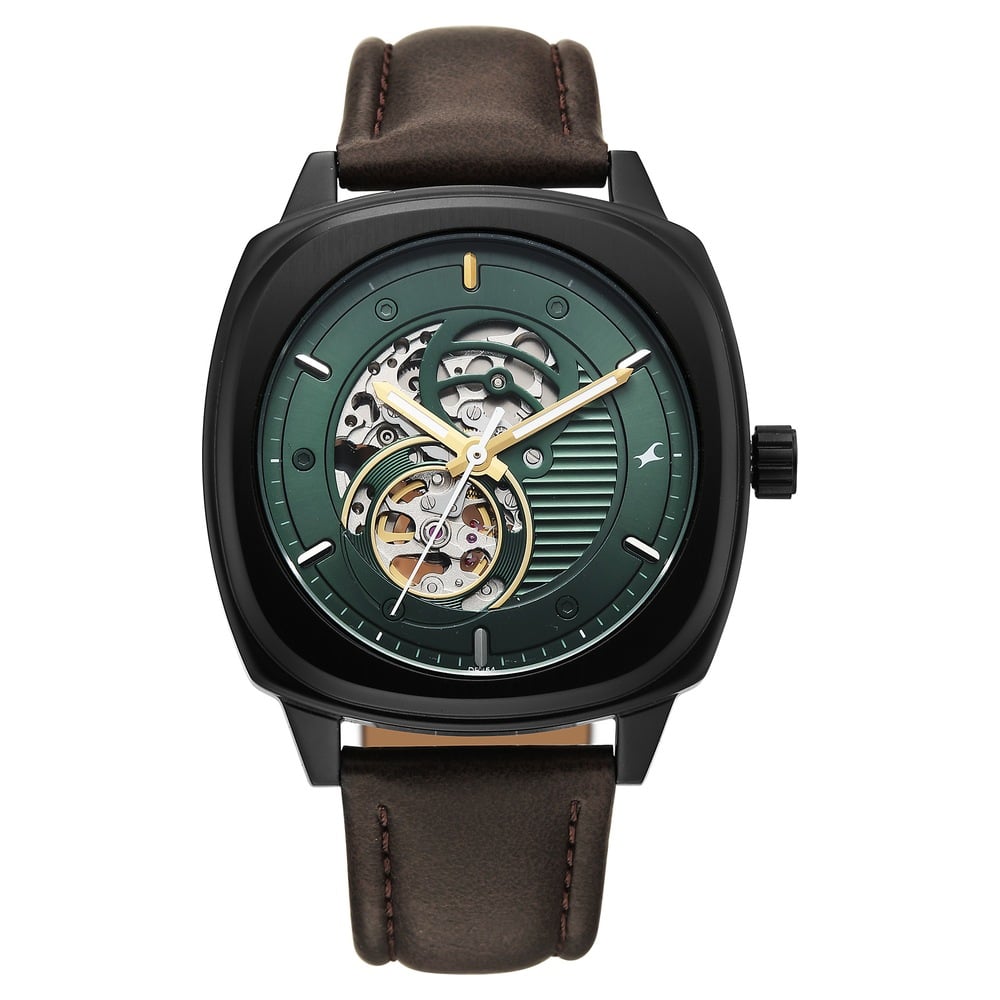 [3333NL01] Fastrack Automatics Collection Green Dial Brown Leather Strap Watch For Guys