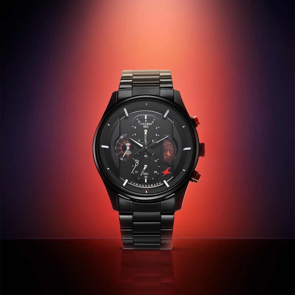 Fastrack Opulence Sun Moon Chronograph Black Dial Black Metal Strap Analog Quartz Watch For Guys