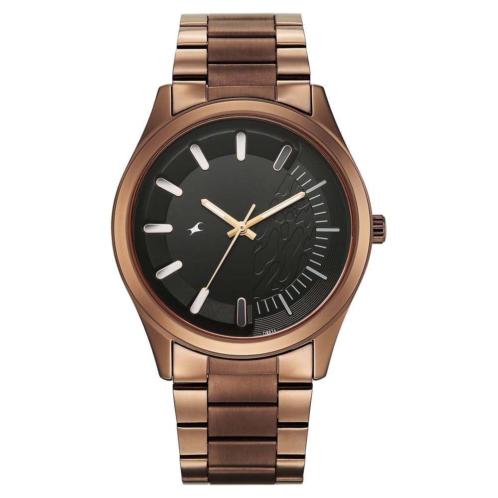 [3317QM04] Fastrack Wild Quartz Analog Black Dial Brown Metal Strap Watch For Guys