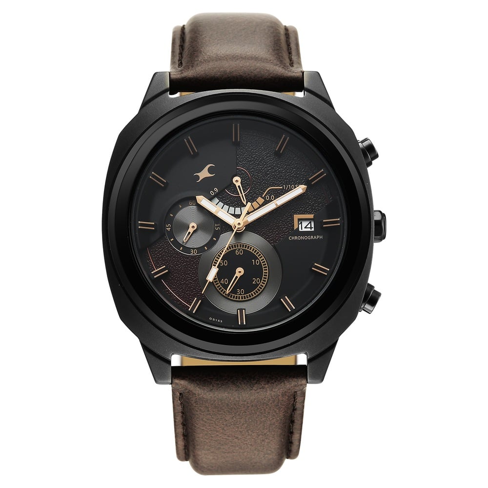 Fastrack Kronos Guys Chronograph Watch With Date Black Dial & Brown Leather Strap